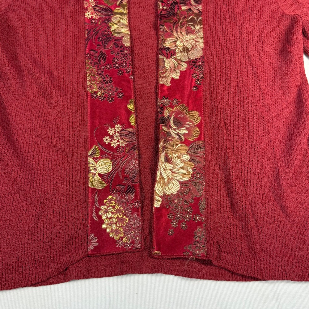 Ball of Cotton Red Textured Knit Cardigan with Floral Brocade Trim Women's S - Picture 13 of 16
